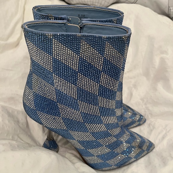 New Gianni Bini Alford Checkered Rhinestone Flared Heel Booties - Picture 4 of 11